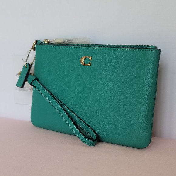 COACH Small Wristlet in Polished Pebbled Leather -Bright Green Color - Picture 6 of 16